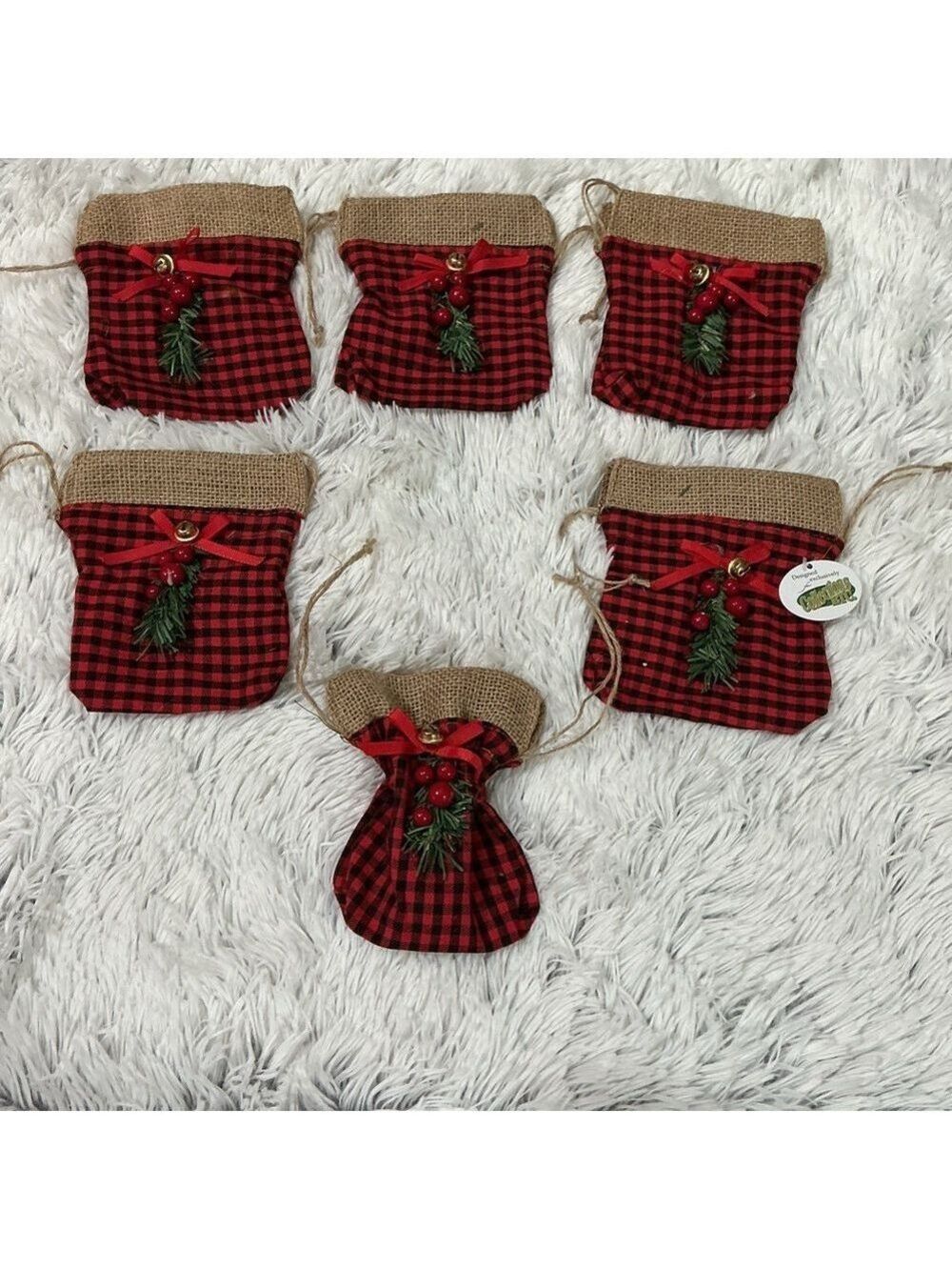 Collections Etc burlap holiday gift bags with bow bell berry & tree